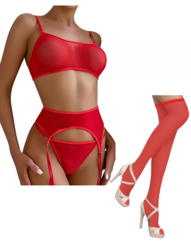 Tegan Fantezi Kırmızı Transparan Tül Jartiyer Takımı TG273264