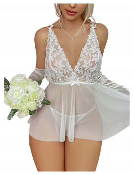 Tegan Fantezi Beyaz Dantelli Transparan Tül Etekli Seksi Elbise Gecelik TG273266