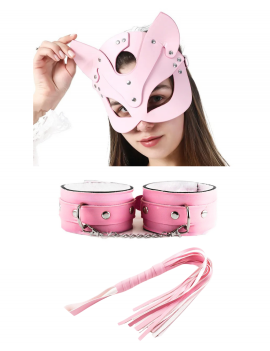 Tegan Fantezi Deri Seksi Pembe Kedi Maske Kelepçe Kırbaç Seti ( 3'lü set) TG275368